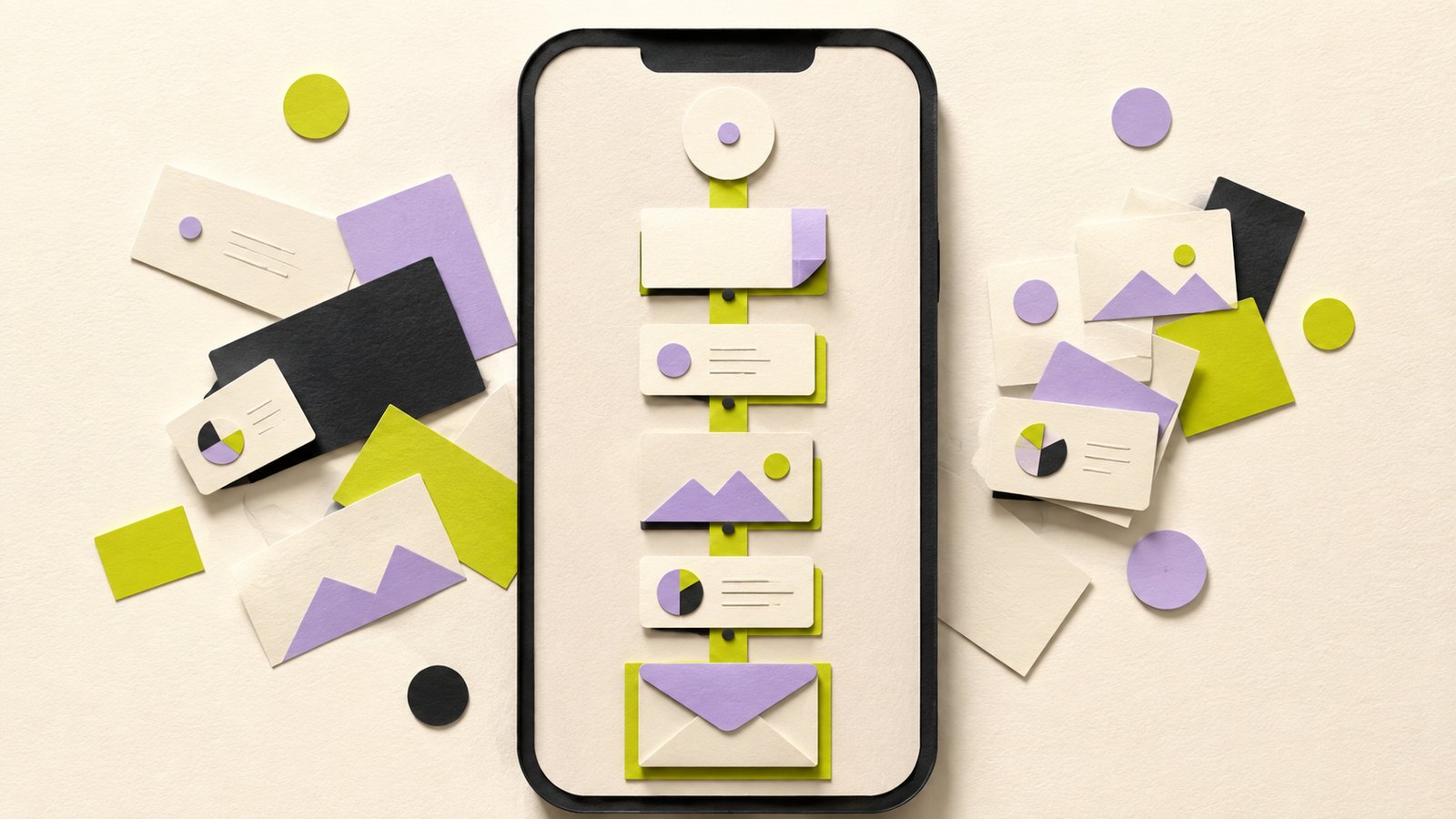 A mobile finance creator profile arranged as clear editorial cards in black, cream, lime, and purple