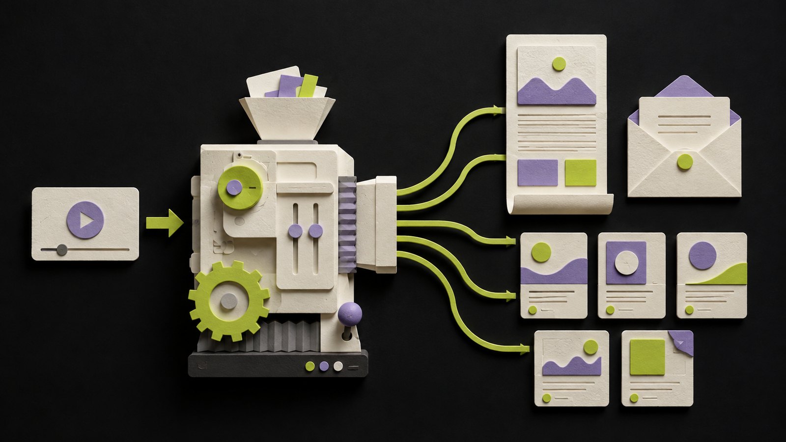 An editorial illustration of one market video branching into a blog, newsletter, and five distinct social posts